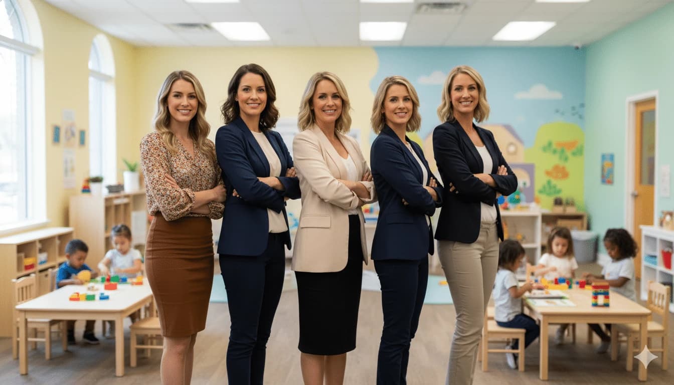 A group of SLPs standing next to each other posing for a photo in a classroom