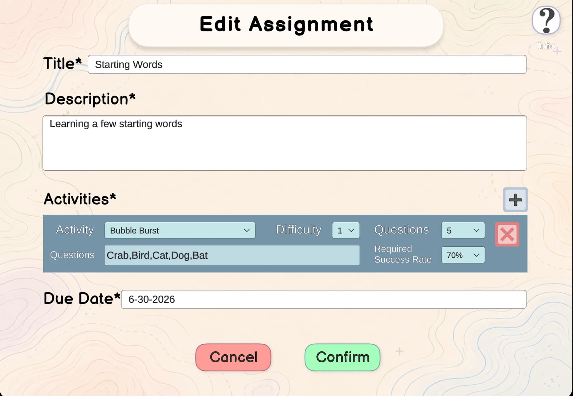 Spkeasy homework tracker showing assigned words with correct, incorrect, and attempted counts