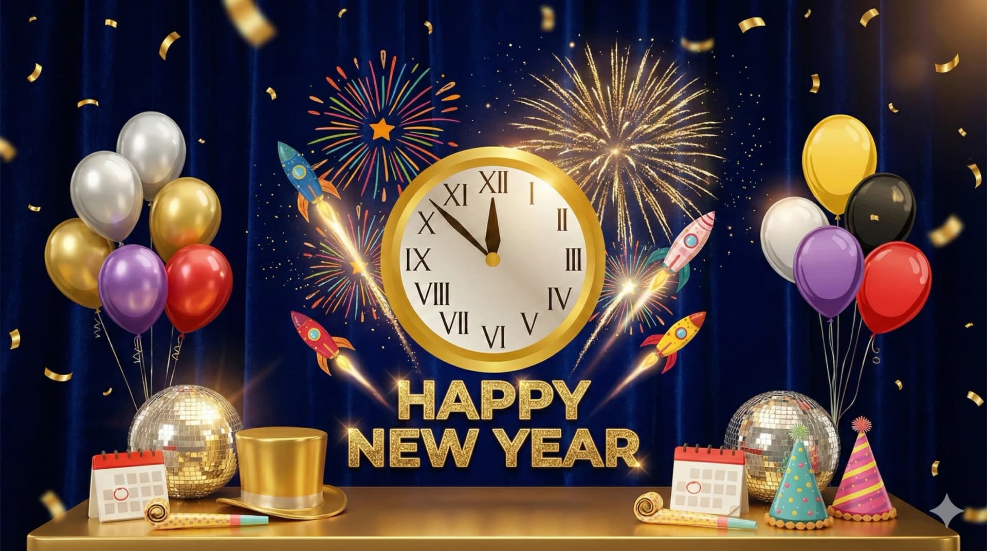 New Year day wishes, along with celebration decor