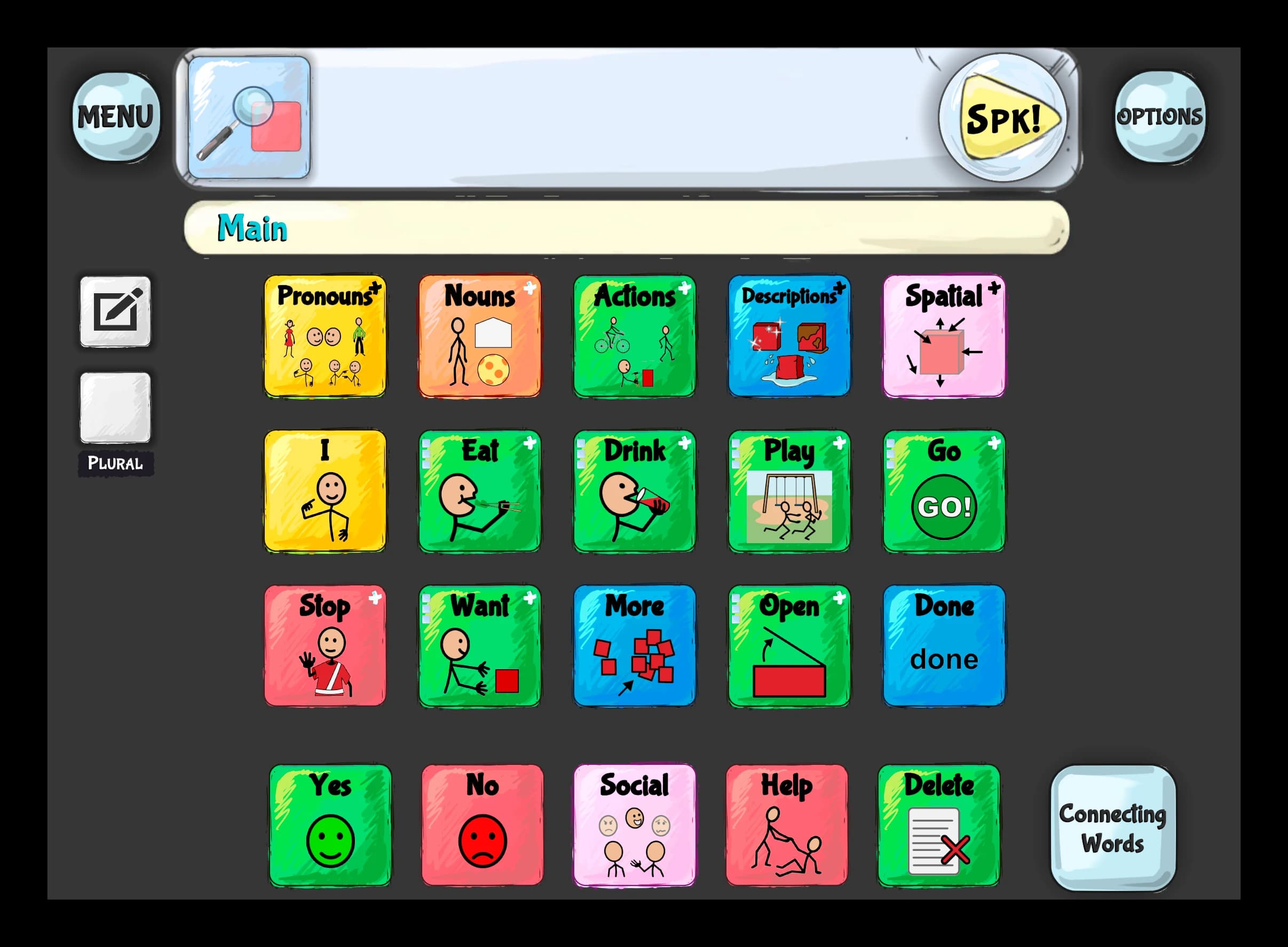 Color-coded AAC vocabulary grid organized by part of speech