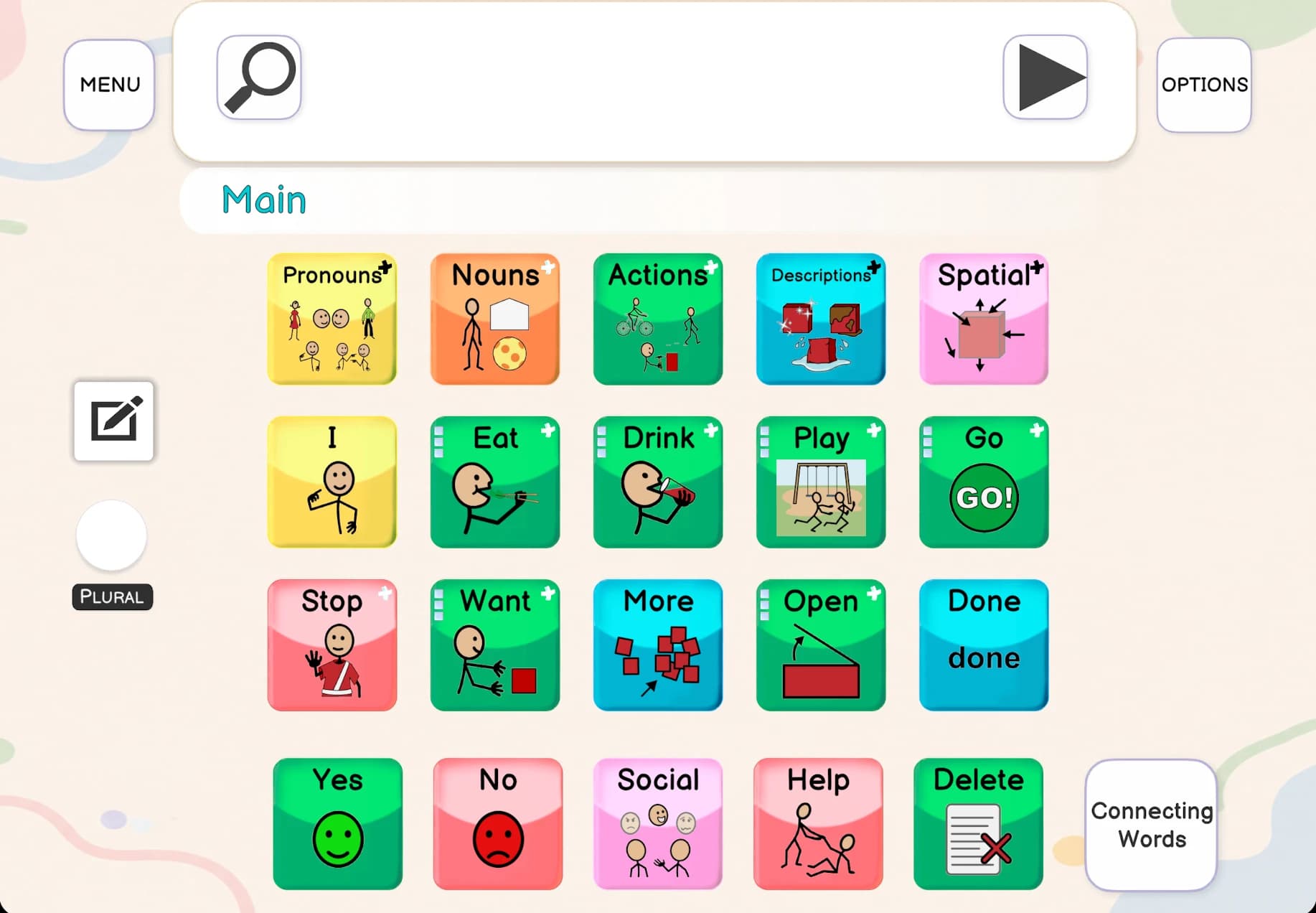 Spkeasy Spkpad vocabulary grid organized by parts of speech