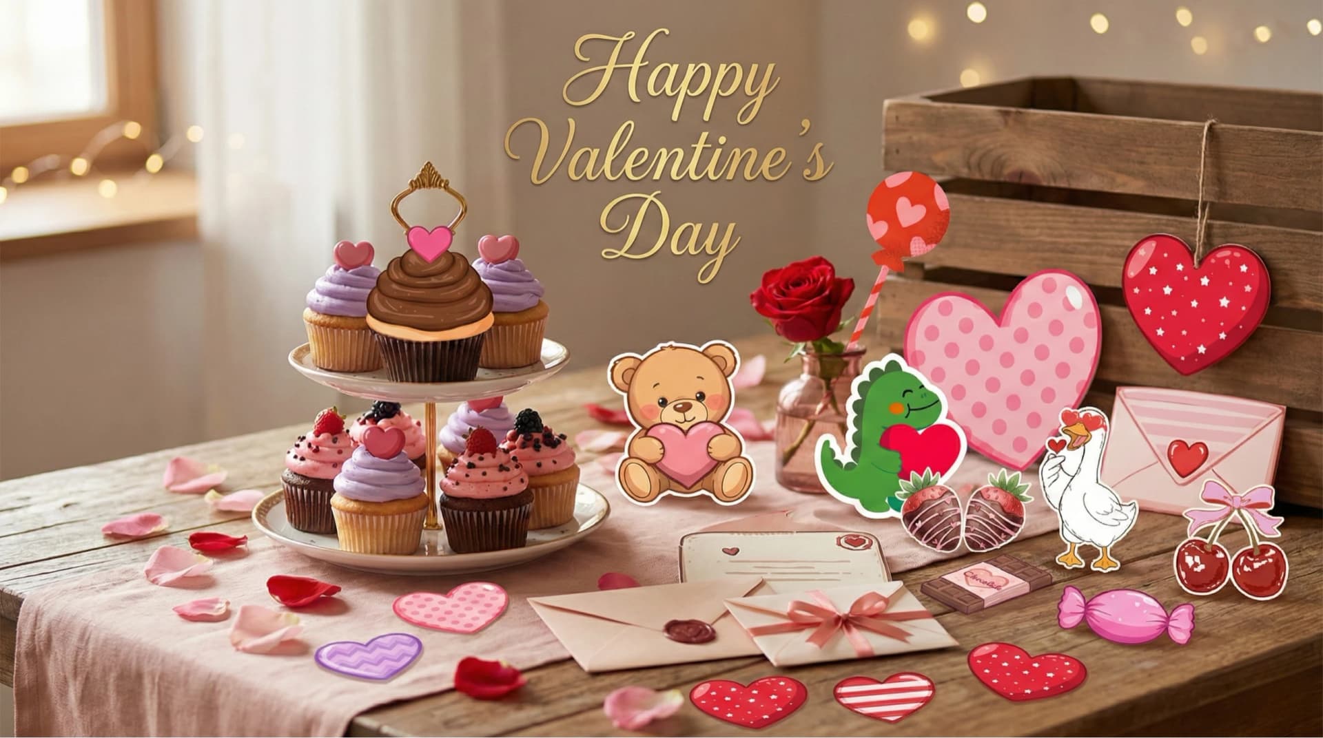 Valentines day wishes, along with cakes and wishing cards