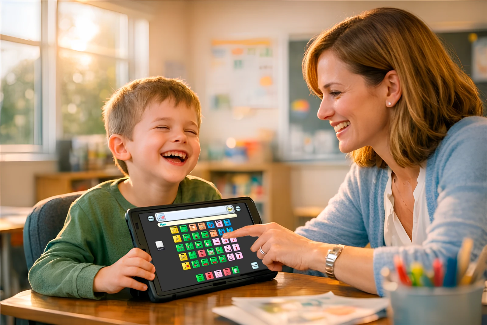 A beautiful, expressive photo of a child using an AAC platform with a speech therapist