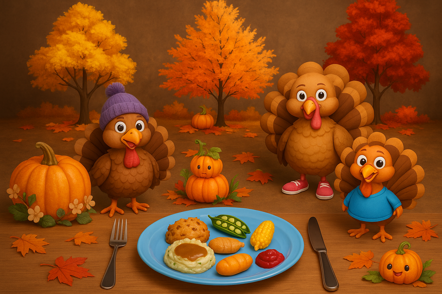 Animated Thanksgiving turkey characters in front of a plate of food